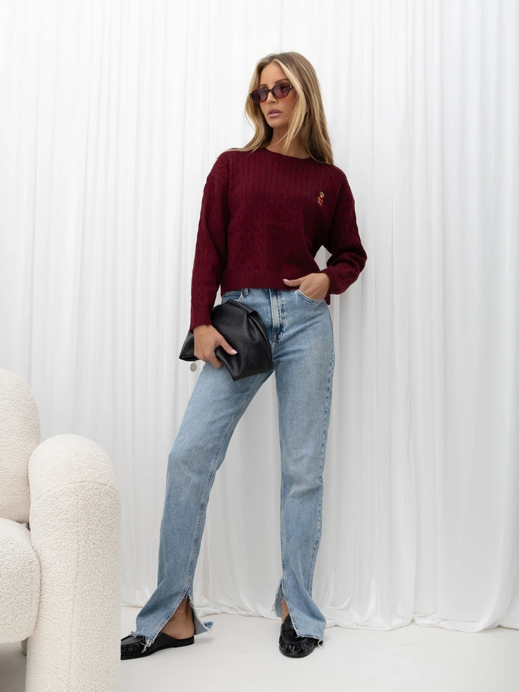 Moteriškas viskozinis megztinis su meškiuko motyvu Italy Moda, bordo