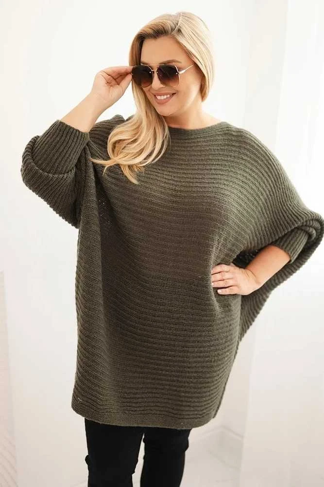 Megztinis moterims oversize tipo su moheros ponču, chaki spalvos