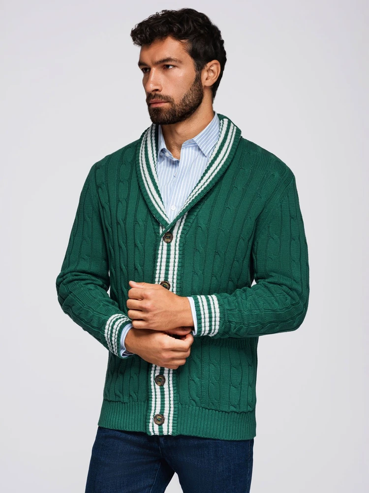 Megztinis su šaliu apykakle preppy stiliaus žalias – šilumai ir išskirtinumui rudens dienoms.