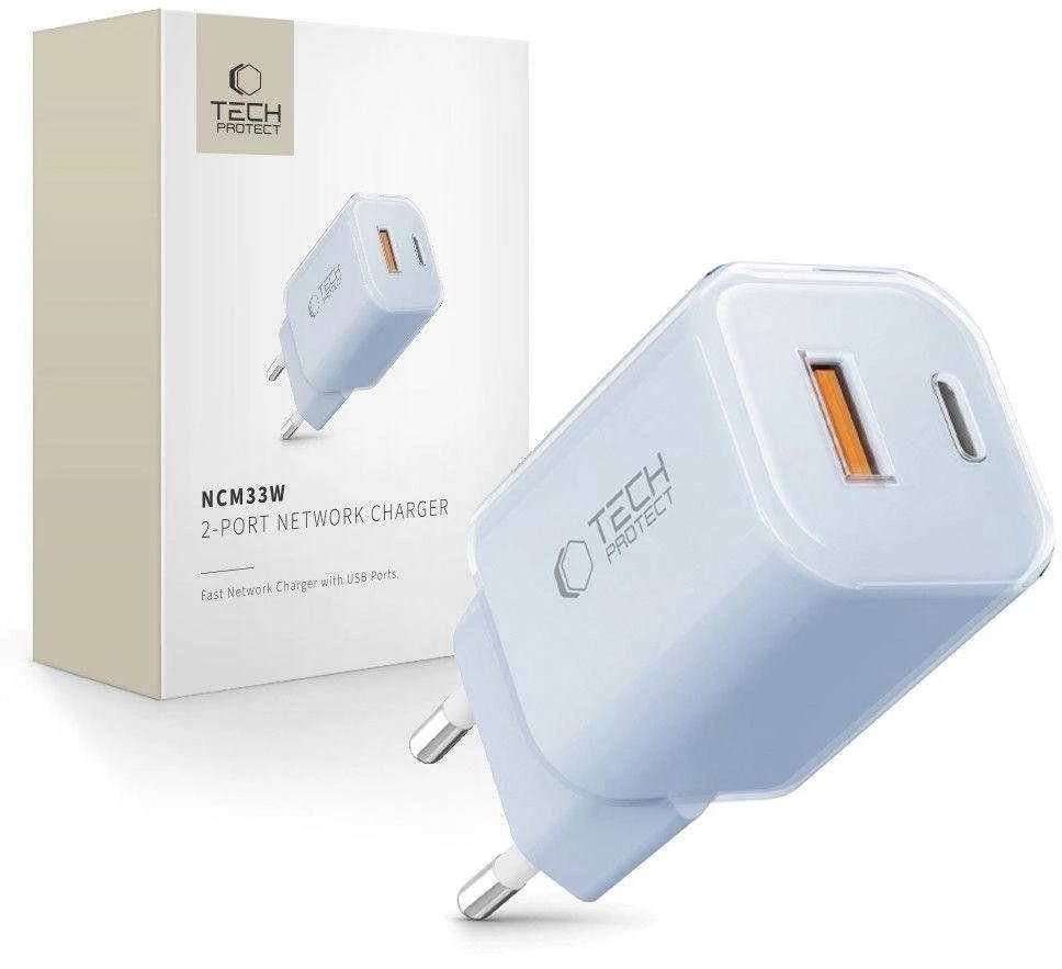 „Tech-Protect NCM33W“ 2 prievadų PD33W/QC3.0 sieninis įkroviklis - mėlynas
