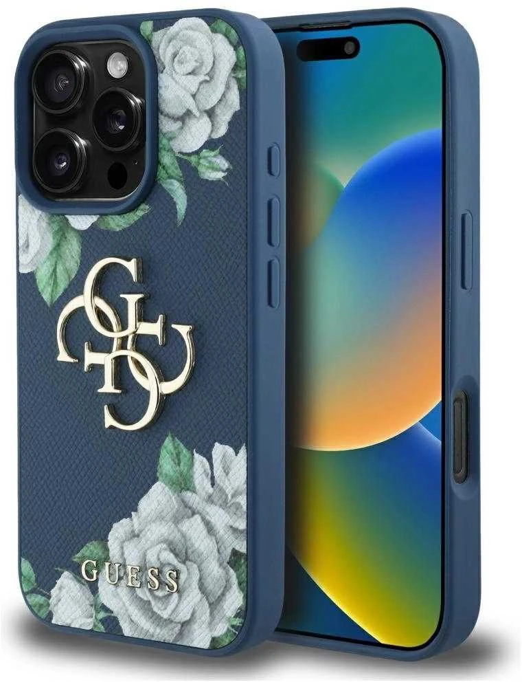 Dėklas Guess Grained Roses Big 4G logo Apple iPhone 16 Pro mėlynas