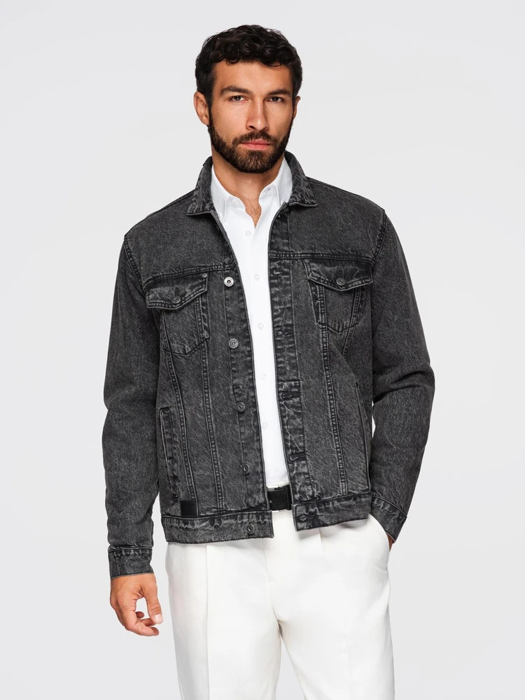 Men's denim jacket katana with washem - juodas V3 OM-JADJ-0219