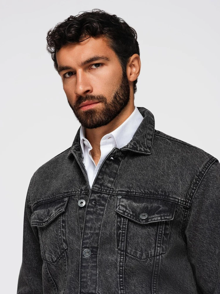Men's denim jacket katana with washem - juodas V3 OM-JADJ-0219