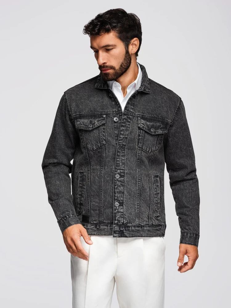 Men's denim jacket katana with washem - juodas V3 OM-JADJ-0219