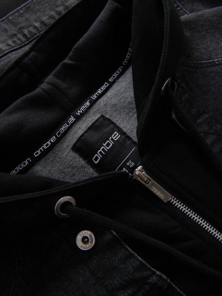 Men's denim jacket with knitted sleeves and hood - juodas V3 OM-JADJ-0220