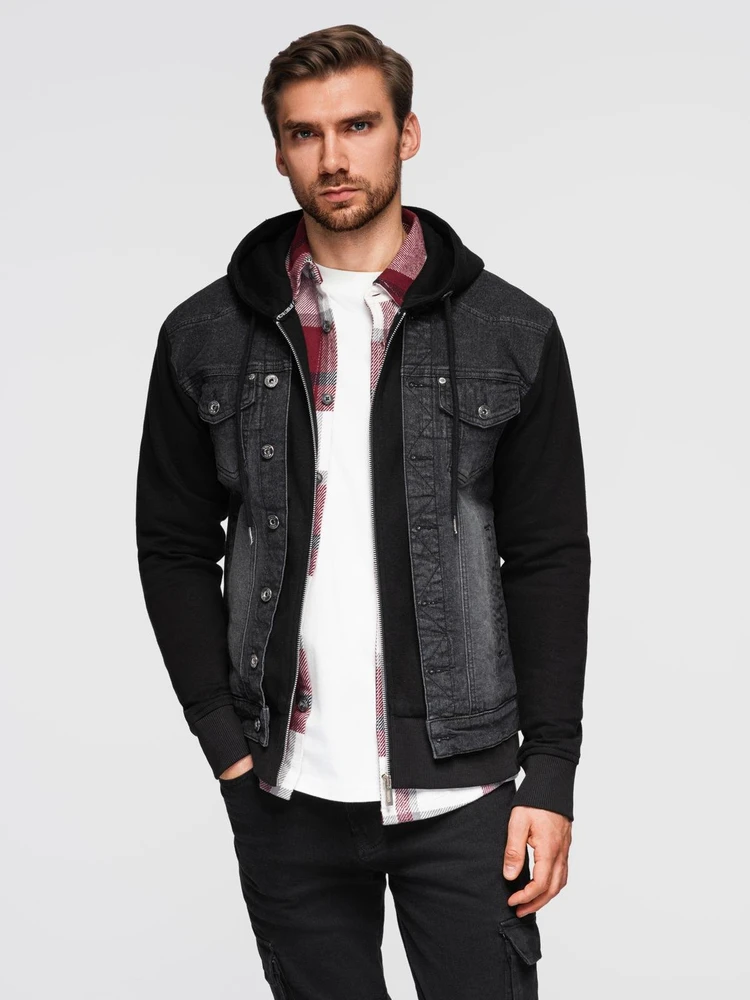 Men's denim jacket with knitted sleeves and hood - juodas V3 OM-JADJ-0220