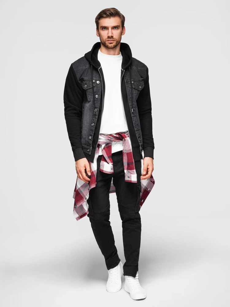 Men's denim jacket with knitted sleeves and hood - juodas V3 OM-JADJ-0220