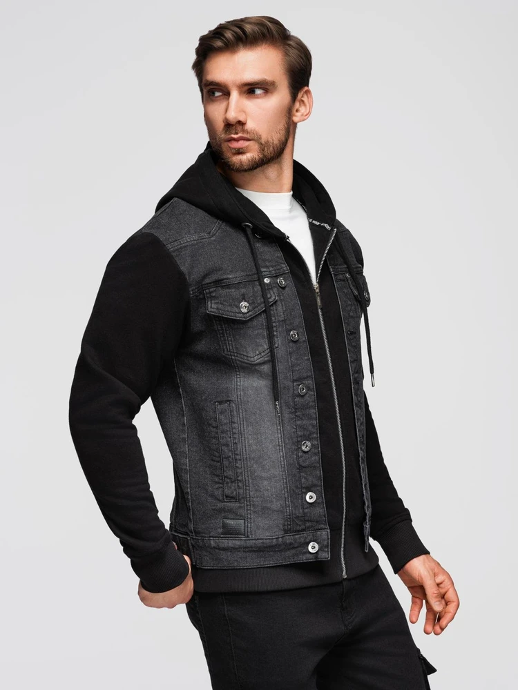 Men's denim jacket with knitted sleeves and hood - juodas V3 OM-JADJ-0220
