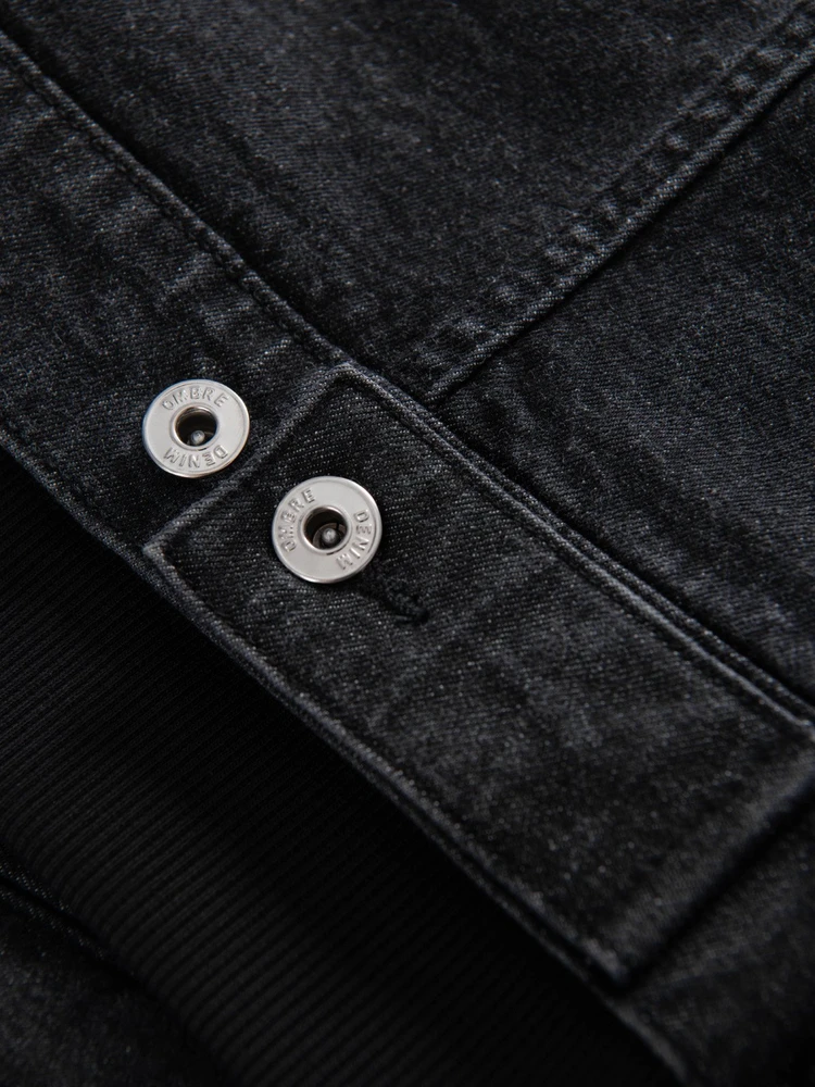 Men's denim jacket with knitted sleeves and hood - juodas V3 OM-JADJ-0220