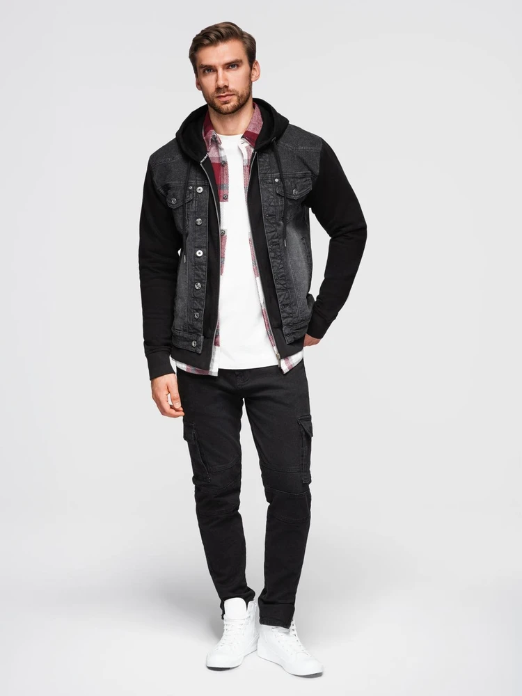 Men's denim jacket with knitted sleeves and hood - juodas V3 OM-JADJ-0220
