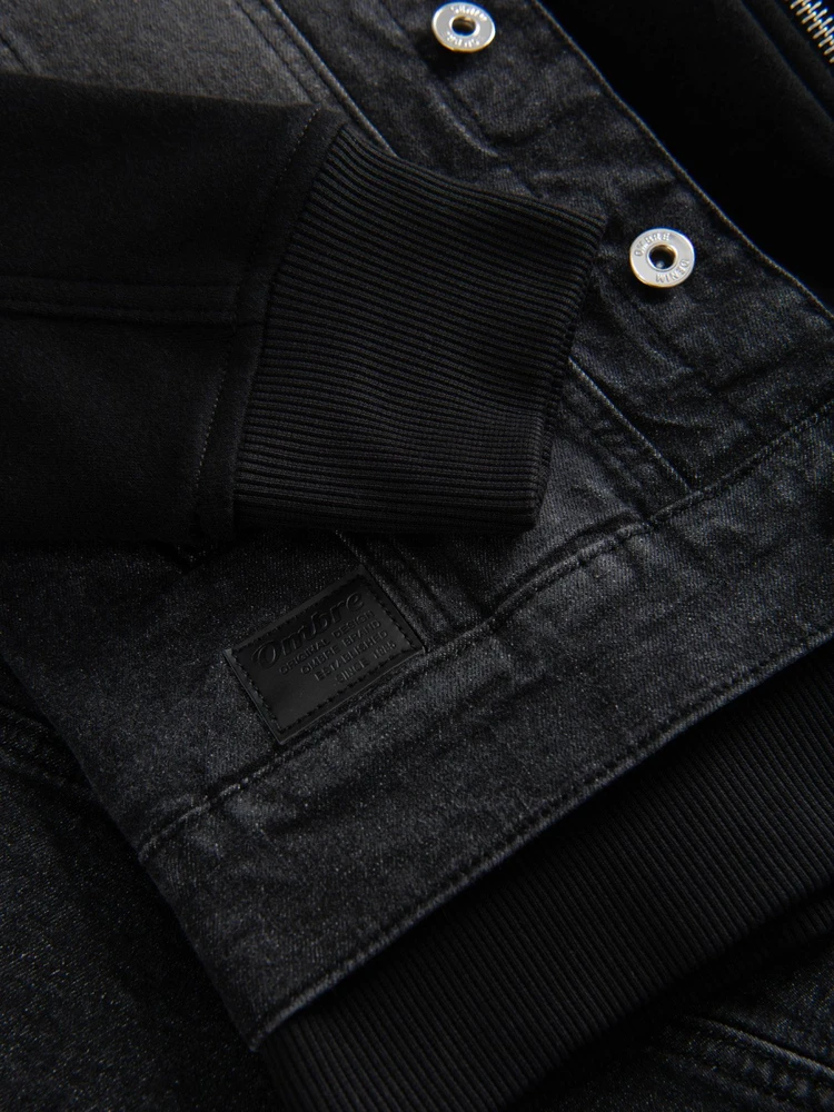 Men's denim jacket with knitted sleeves and hood - juodas V3 OM-JADJ-0220