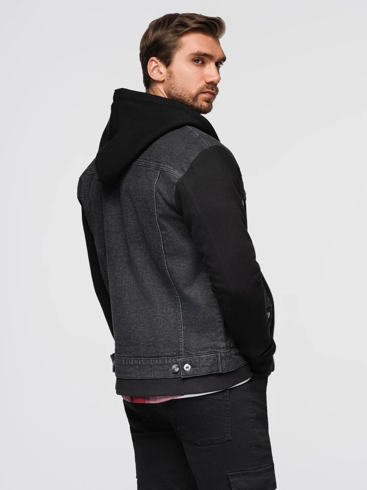 Men's denim jacket with knitted sleeves and hood - juodas V3 OM-JADJ-0220