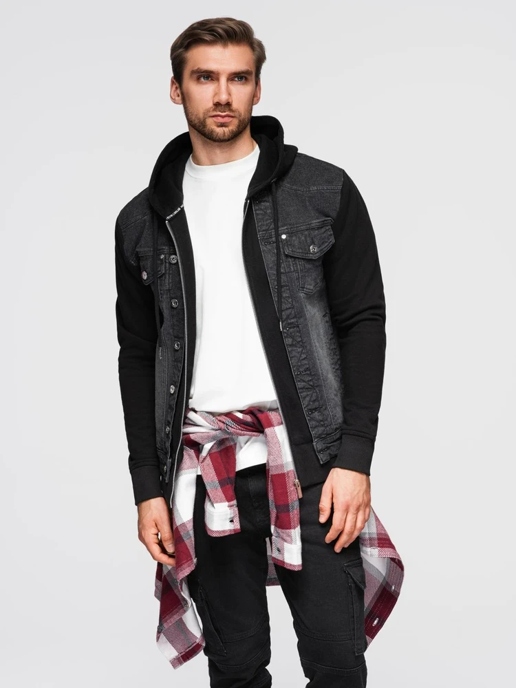 Men's denim jacket with knitted sleeves and hood - juodas V3 OM-JADJ-0220