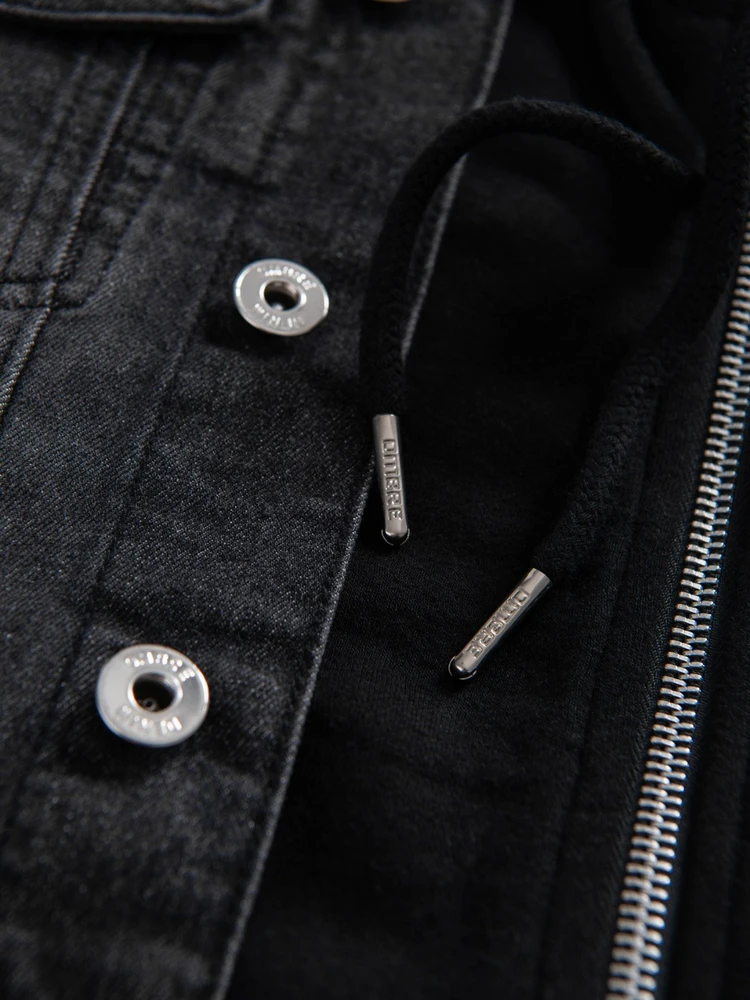 Men's denim jacket with knitted sleeves and hood - juodas V3 OM-JADJ-0220