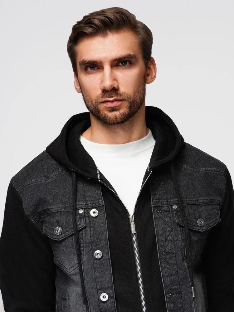 Men's denim jacket with knitted sleeves and hood - juodas V3 OM-JADJ-0220