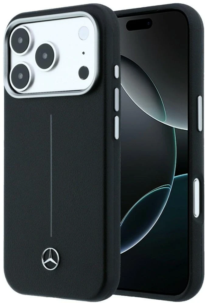 „Mercedes“ odinis pusiau apvyniojamas „Iconic Line MagSafe“ dėklas, skirtas „iPhone 17 Pro Max“ – Juodas