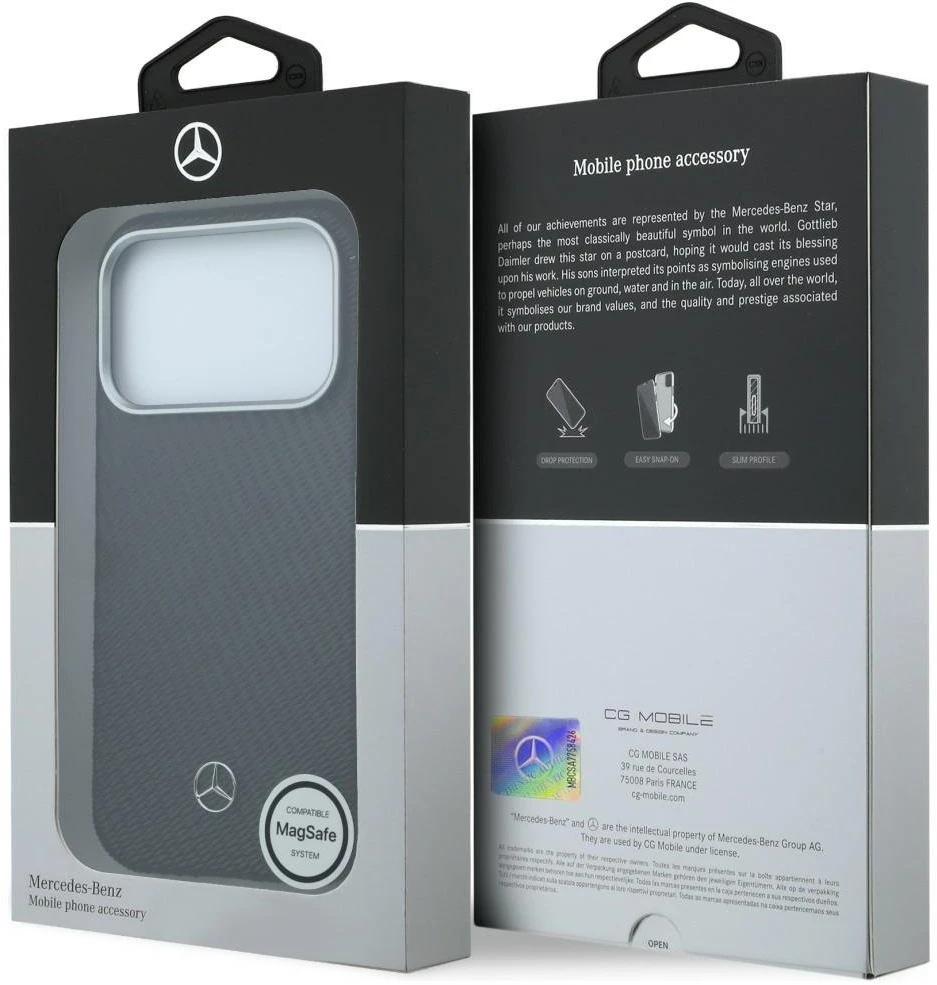 Mercedes PU Leather Semi Wrap MagSafe dėklas skirtas Apple iPhone 17 Pro juodos spalvos
