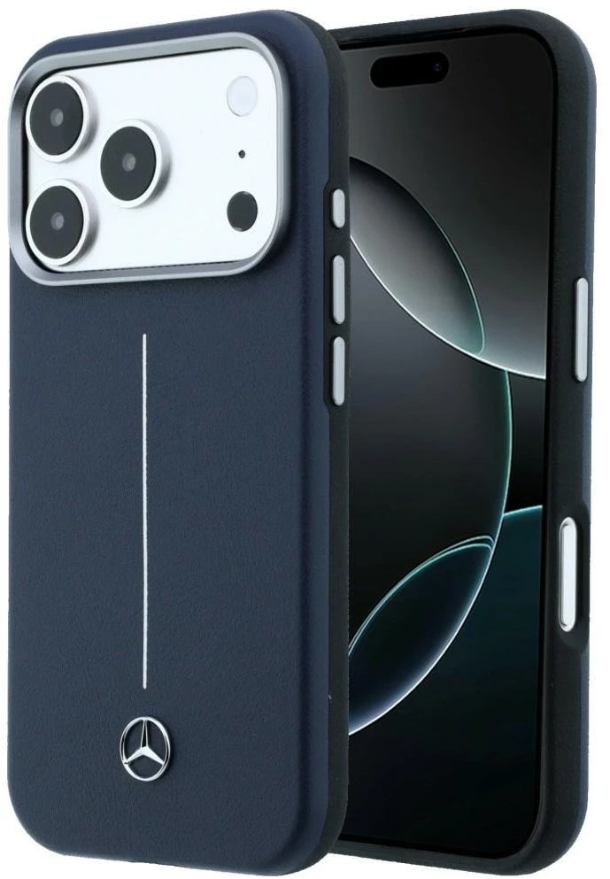 „Mercedes“ odinis pusiau apvyniojamas „Iconic Line MagSafe“ dėklas, skirtas „iPhone 17 Pro Max“ – tamsiai mėlynas Mėlyna