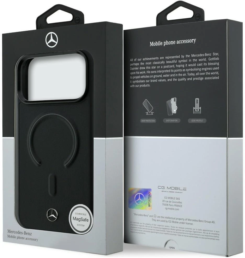 Mercedes PU Leather 3D MagSafe dėklas skirtas Apple iPhone 17 Pro juodos spalvos
