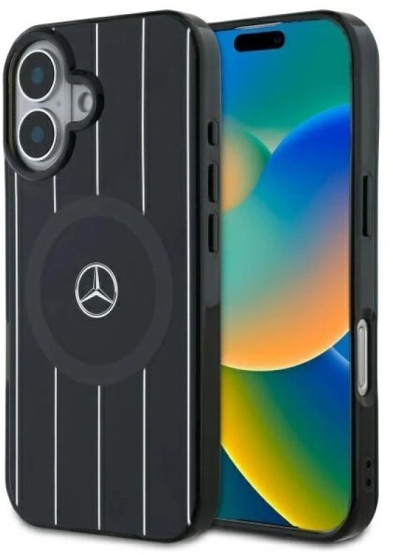 Mercedes MEHMP16S23HRSK Apple iPhone 16 6.1″ juodos spalvos kietas dėklas MB Double Layer Crossed Lines MagSafe