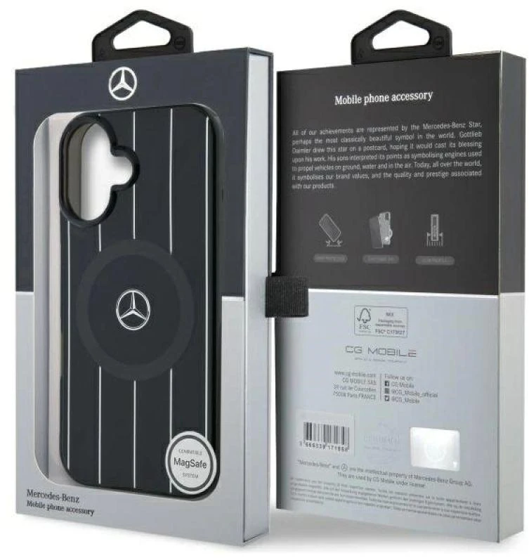 Mercedes MEHMP16S23HRSK Apple iPhone 16 6.1″ juodos spalvos kietas dėklas MB Double Layer Crossed Lines MagSafe