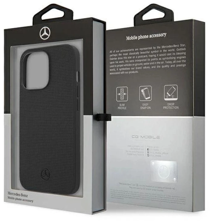Mercedes MEHCP13LMBLBK Apple iPhone 13 Pro /13 6,1″ juodos spalvos kietas dėklas Leather Meshed Metal Logo