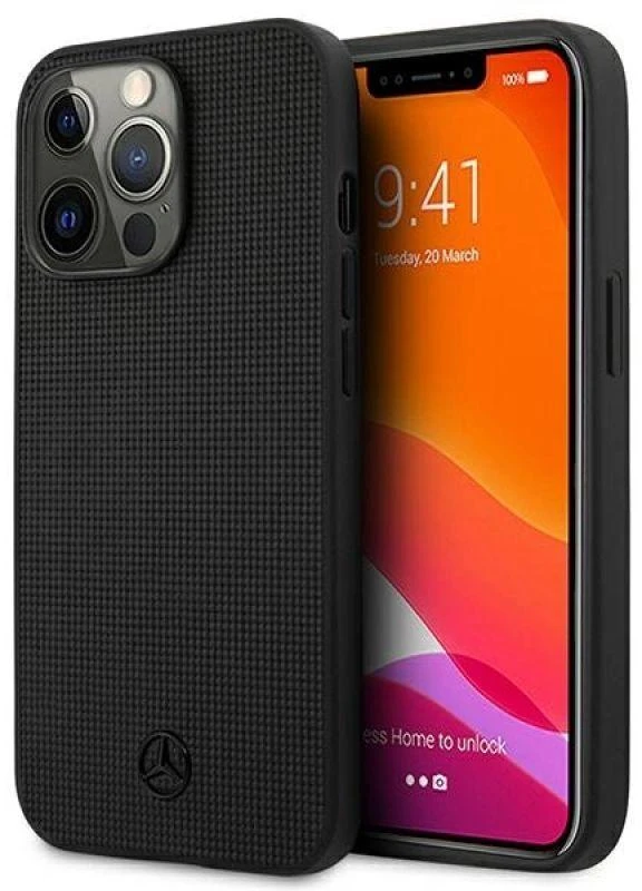 Mercedes MEHCP13LMBLBK Apple iPhone 13 Pro /13 6,1″ juodos spalvos kietas dėklas Leather Meshed Metal Logo