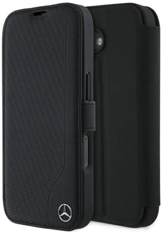 Mercedes MEBKP16S23RBGVK Apple iPhone 16 6.1″ juodos spalvos bookdėklas Leather Wood Imitation