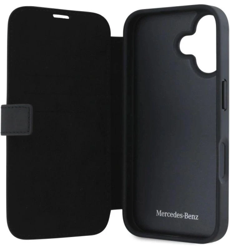 Mercedes MEBKP16S23RBGVK Apple iPhone 16 6.1″ juodos spalvos bookdėklas Leather Wood Imitation