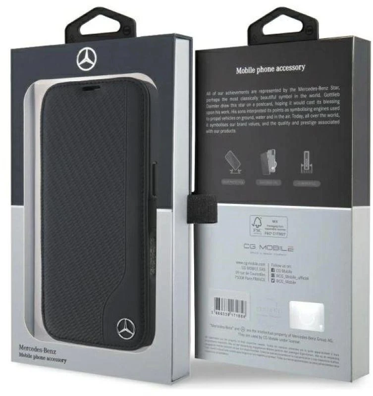 Mercedes MEBKP16S23RBGVK Apple iPhone 16 6.1″ juodos spalvos bookdėklas Leather Wood Imitation