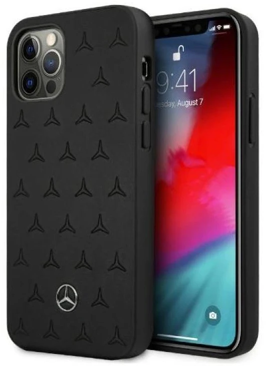 Mercedes MEHCP12LPSQBK Apple iPhone 12 Pro Max 6,7″ juodos spalvos kietas dėklas Leather Stars Pattern