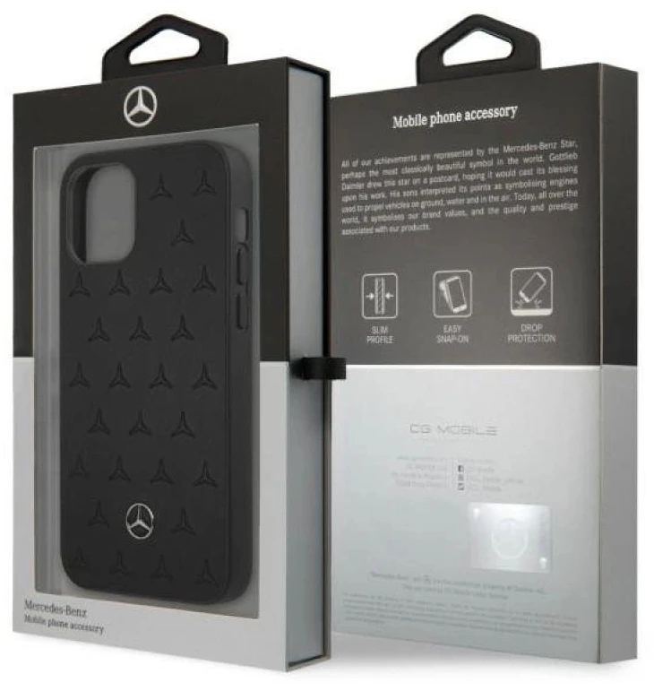 Mercedes MEHCP12LPSQBK Apple iPhone 12 Pro Max 6,7″ juodos spalvos kietas dėklas Leather Stars Pattern