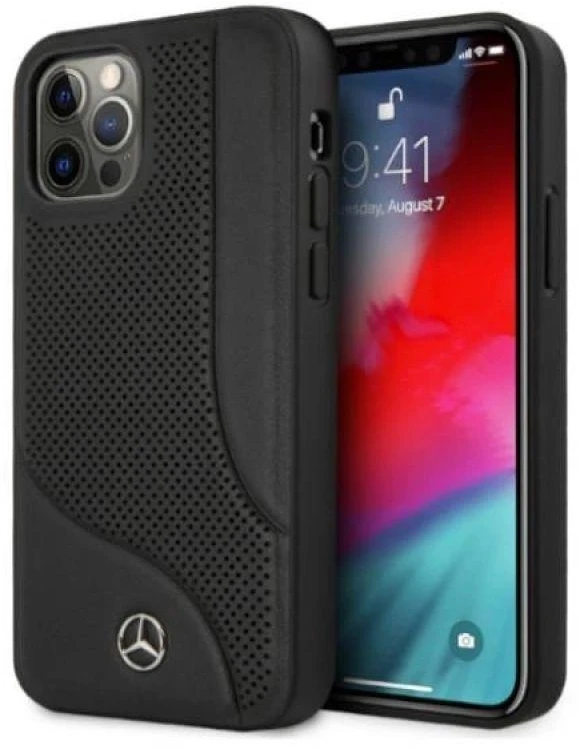 Mercedes MEHCP12LCDOBK Apple iPhone 12 Pro Max 6,7″ juodos spalvos kietas dėklas Leather Perforated Area