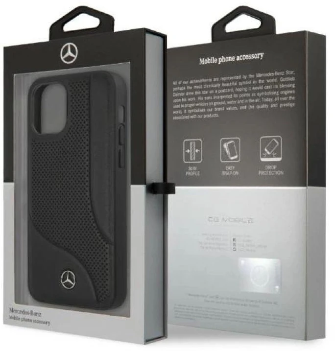 Mercedes MEHCP12LCDOBK Apple iPhone 12 Pro Max 6,7″ juodos spalvos kietas dėklas Leather Perforated Area