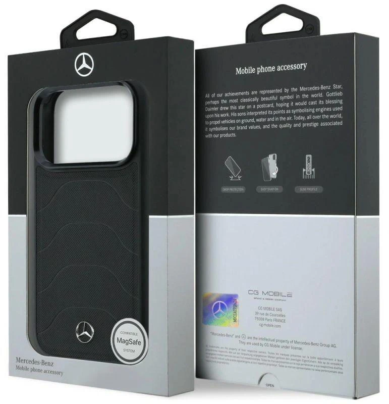 Dėklas Mercedes Leather Mesh with Bow Line MagSafe iPhone 17 Pro Max juodos spalvos