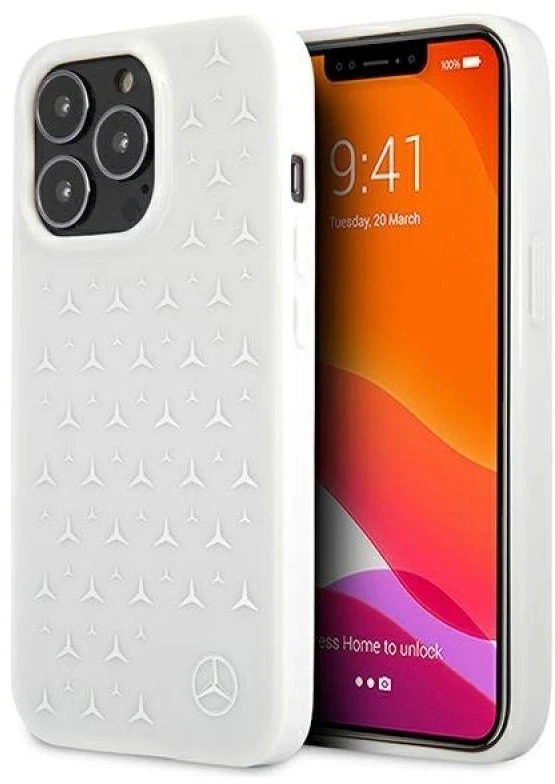 Mercedes MEHCP13XESPWH Apple iPhone 13 Pro Max 6,7″ baltos spalvos kietas dėklas Sidabrinis Stars Pattern