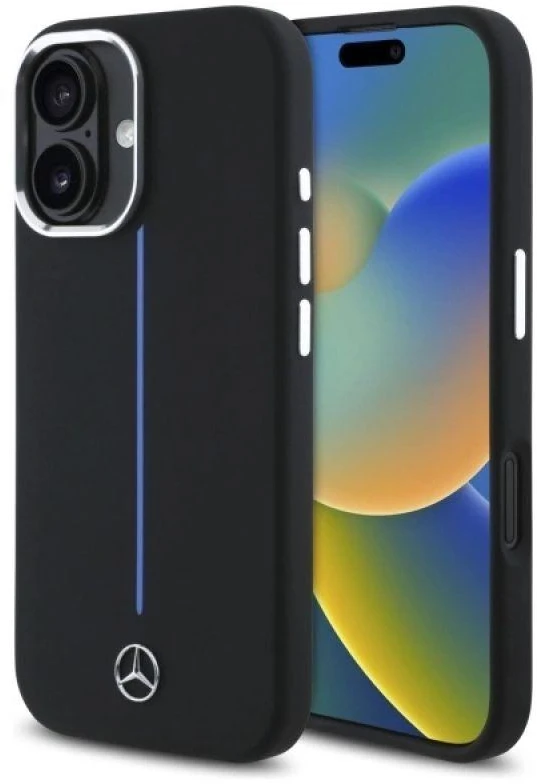 Mercedes MEHMP16S23SUMBK Apple iPhone 16 6.1″ juodos spalvos kietas dėklas Silicone Mėlyna Stripe MagSafe