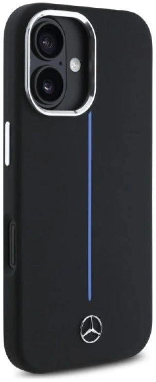 Mercedes MEHMP16S23SUMBK Apple iPhone 16 6.1″ juodos spalvos kietas dėklas Silicone Mėlyna Stripe MagSafe