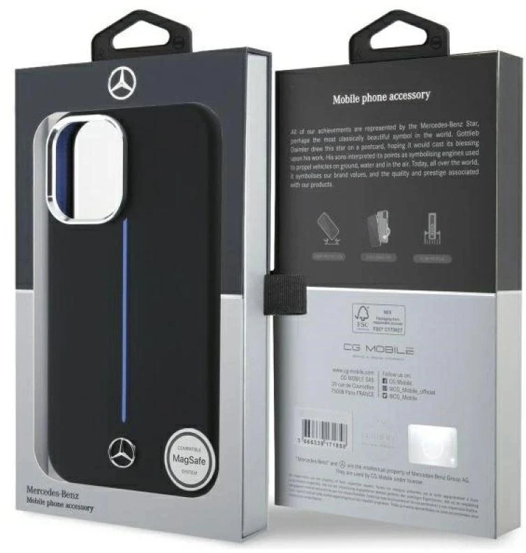 Mercedes MEHMP16S23SUMBK Apple iPhone 16 6.1″ juodos spalvos kietas dėklas Silicone Mėlyna Stripe MagSafe
