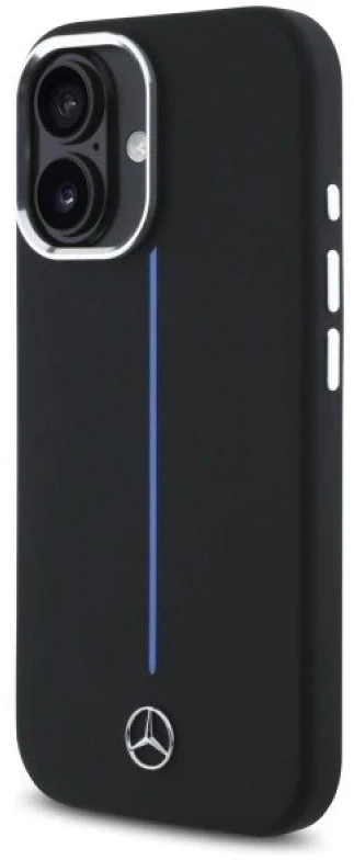 Mercedes MEHMP16S23SUMBK Apple iPhone 16 6.1″ juodos spalvos kietas dėklas Silicone Mėlyna Stripe MagSafe