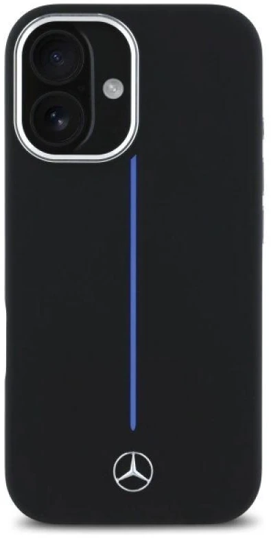 Mercedes MEHMP16S23SUMBK Apple iPhone 16 6.1″ juodos spalvos kietas dėklas Silicone Mėlyna Stripe MagSafe