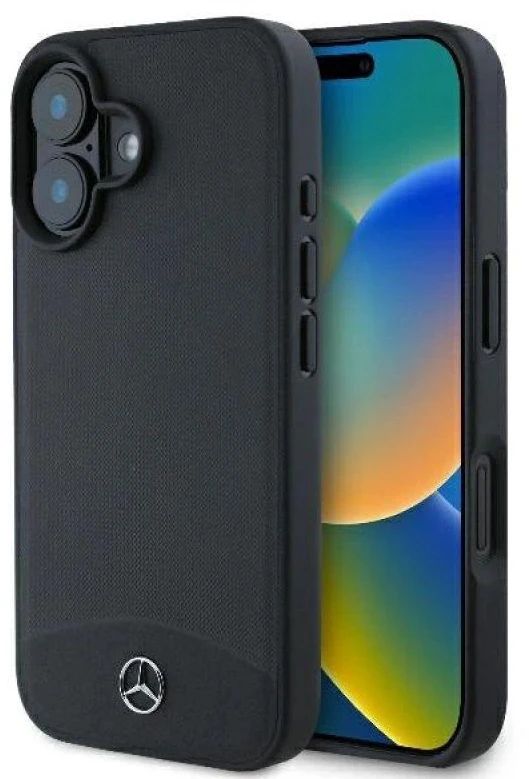 Mercedes MEHMP16S23RBARK Apple iPhone 16 6.1″ juoda/juodos spalvos kietas dėklas Textured And Plain Leather MagSafe