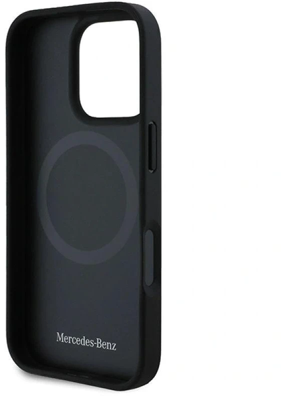 Mercedes MEHMP16X23RBARK iPhone 16 Pro Max 6.9″ juodos spalvos kietas dėklas Textured And Plain Leather MagSafe