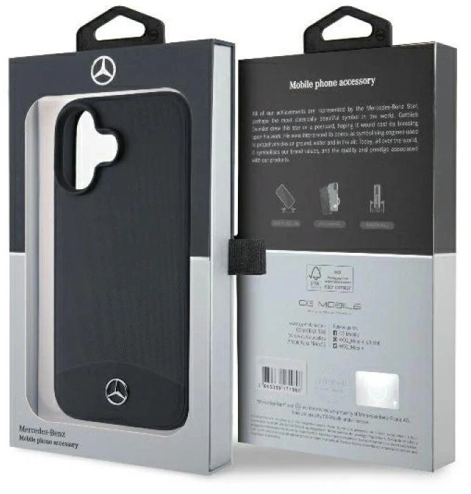 Mercedes MEHMP16S23RBARK Apple iPhone 16 6.1″ juoda/juodos spalvos kietas dėklas Textured And Plain Leather MagSafe