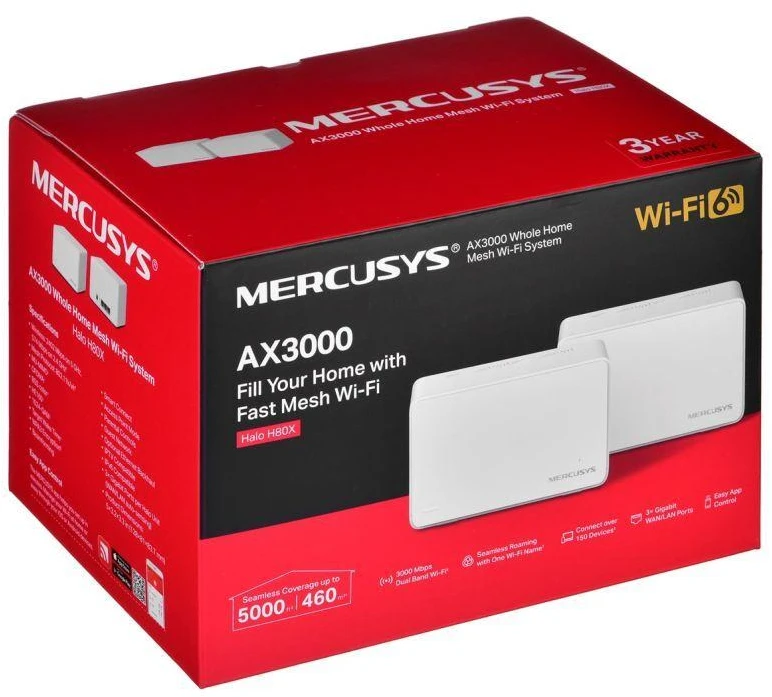 „Mercusys Halo H80X“ sistema (2 vnt.) dviejų dažnių (2,4 GHz / 5 GHz) „Wi-Fi 6“ (802.11ax), balta, 3 vidinės antenos