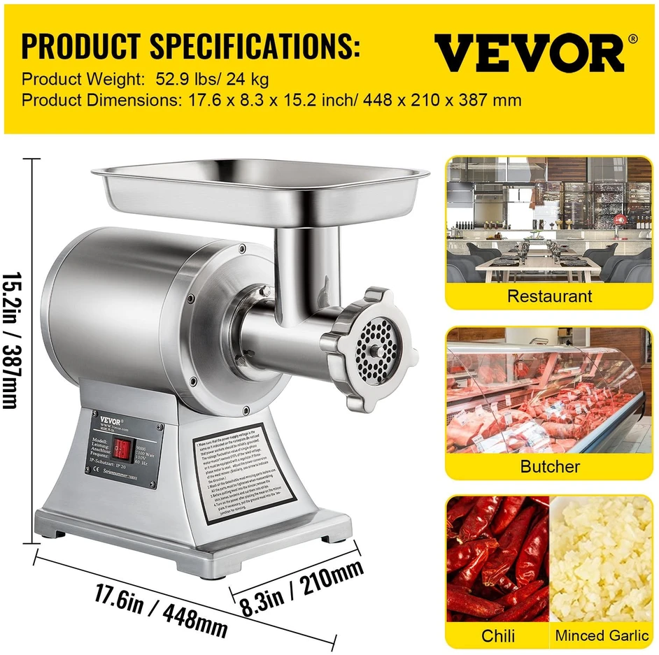 VEVOR 8500W komercinis nerūdijančio plieno mėsmalė