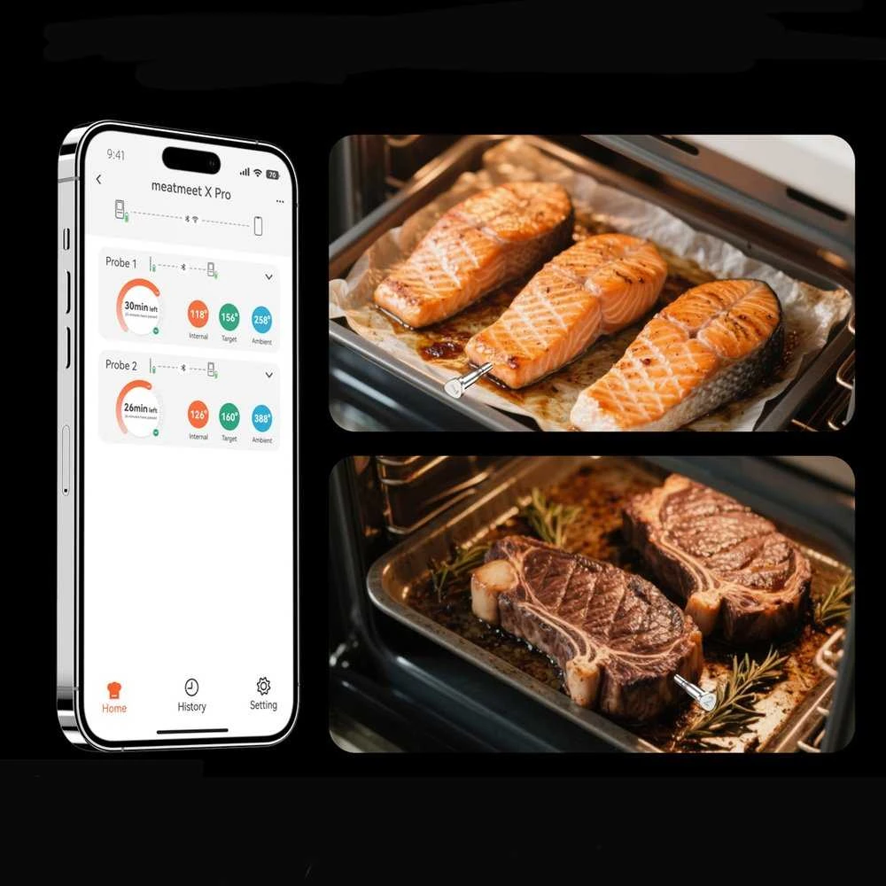 Virtuvinės svarstyklės Metapen „Meatmeet X Pro“ virtuvės termometras su „Bluetooth“ / „WiFi“ programėle kepsninei, orkaitei, rūkyklai - Juoda