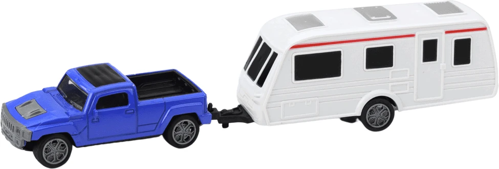 Lean Toys Mėlynas automobilio ir kemperio priekabos metalinis rinkinys