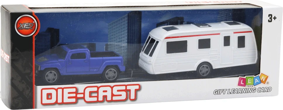 Lean Toys Mėlynas automobilio ir kemperio priekabos metalinis rinkinys