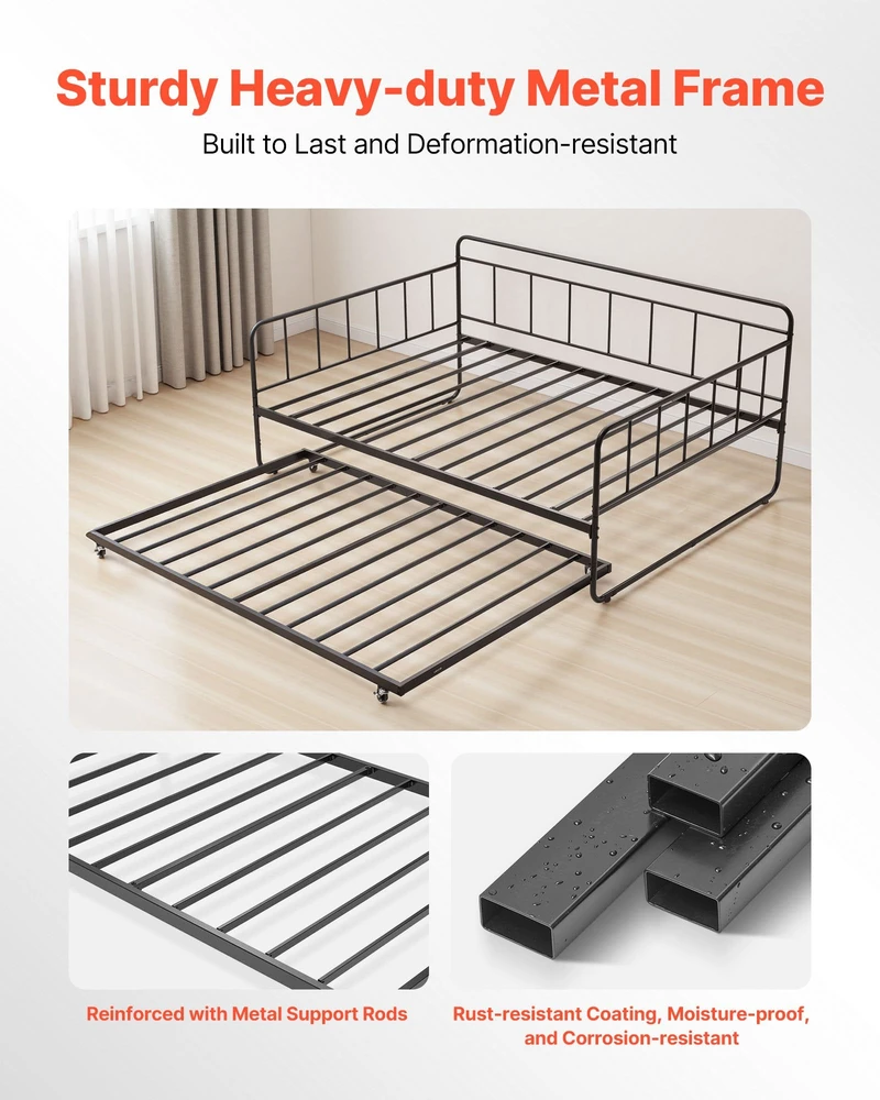 VEVOR Dvigulė metalinė lova su ištraukiama dalimi, 2in1 daugiafunkcinė sofa lova, juoda, svečių lova